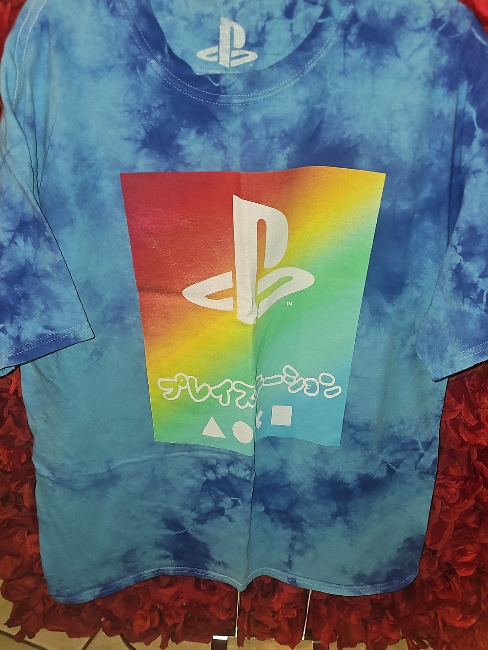Sony Men's Blue Tie-Dye Tee with Rainbow PlayStation Logo Size Medium